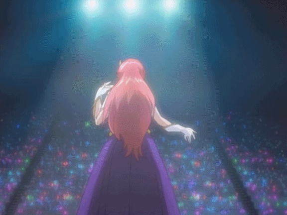 00s 1girl animated animated_gif armpit audience bouncing_breasts breasts concert gloves gundam gundam_seed gundam_seed_destiny hair_ornament large_breasts leotard long_hair meer_campbell outstretched_arms pink_hair skirt stage star star_hair_ornament waving