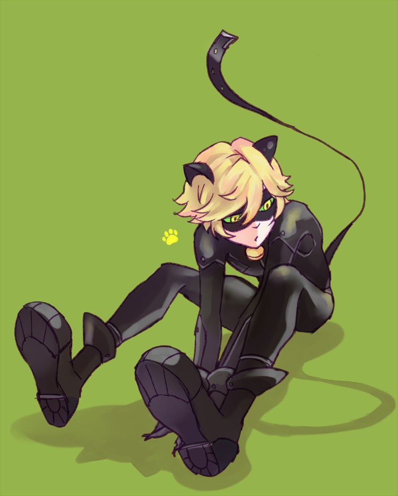 1boy adrien_agreste bell belt blonde_hair bodysuit cat_ears chat_noir fake_animal_ears feet full_body green_background green_sclera knees_up male_focus miraculous_ladybug open_mouth paw_print pov sharp_nails shoes simple_background sitting solo yellow_eyes