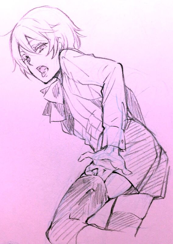 1boy alois_trancy back boots eyelashes from_behind gradient gradient_background kuroshitsuji lineart looking_at_viewer male_focus monochrome official_art pink pink_background pulling ribbon shorts shota simple_background sketch solo teeth thigh-highs toboso_yana tongue tongue_out undressing zettai_ryouiki