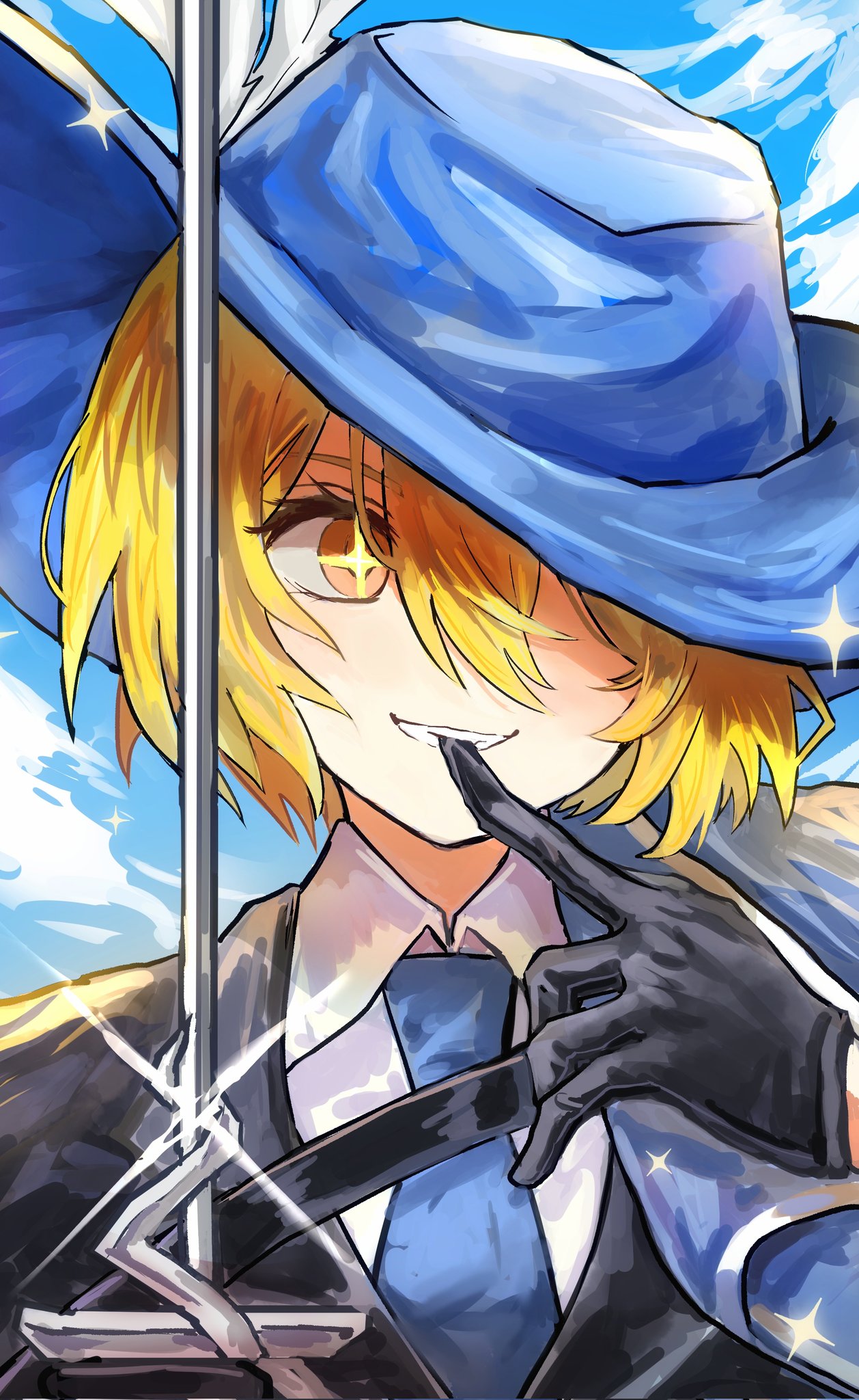 +_+ 1girl biting black_gloves black_jacket blonde_hair blue_headwear blue_necktie blue_sky chinese_commentary clouds collared_shirt commentary_request don_quixote_(limbus_company) glove_biting gloves grin hair_over_one_eye highres hillsbeichen holding holding_sword holding_weapon jacket limbus_company looking_to_the_side necktie outdoors profile project_moon rapier shirt short_hair sky smile solo sparkle sword upper_body weapon white_shirt yellow_eyes
