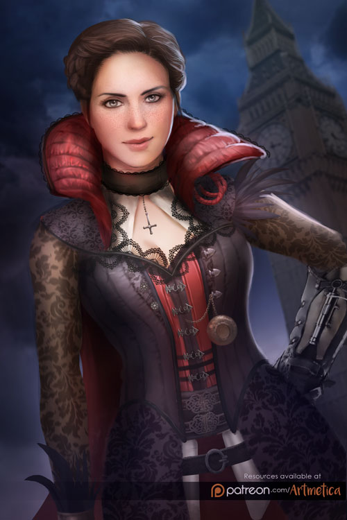 1girl assassin's_creed assassin's_creed_(series) belt brown_hair cape clock clock_tower evie_frye hood night sky solo standing tower watermark