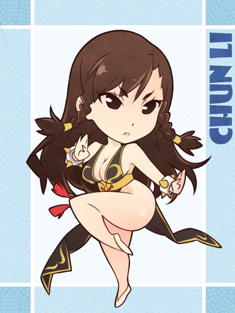 1girl :&lt; alternate_costume bare_legs braid breasts brown_hair capcom character_name chibi china_dress chun-li cleavage fighting_stance full_body large_breasts long_hair serious solo standing standing_on_one_leg street_fighter street_fighter_v thighs twin_braids x-teal2