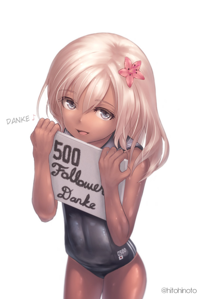 1girl blonde_hair blue_eyes crop_top flower german hair_flower hair_ornament hard_translated hitohinoto hits kantai_collection one-piece_tan ro-500_(kantai_collection) sailor_collar school_swimsuit sign simple_background solo swimsuit swimsuit_under_clothes tan tanline thank_you translated