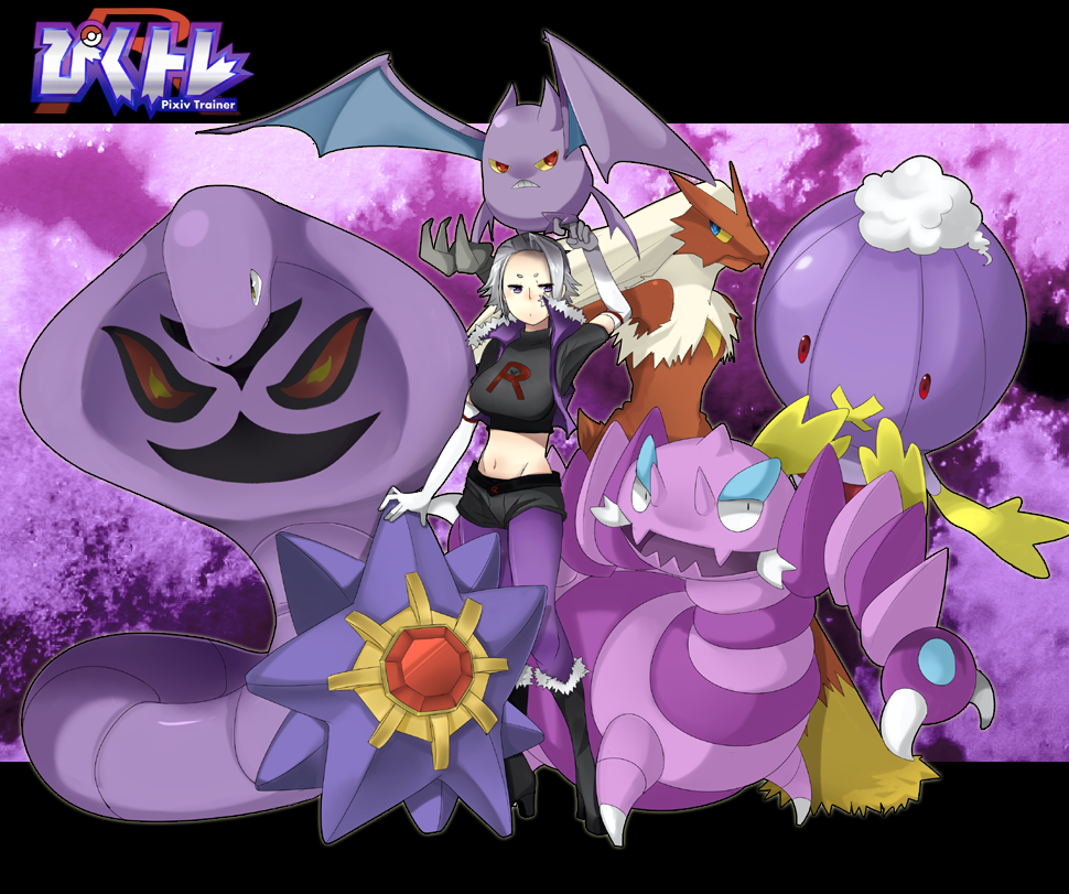 1girl arbok artist_request blaziken character_request crobat drapion drifblim elbow_gloves gloves midriff pixiv_trainer pokemon silver_hair starmie team_rocket violet_eyes white_hair