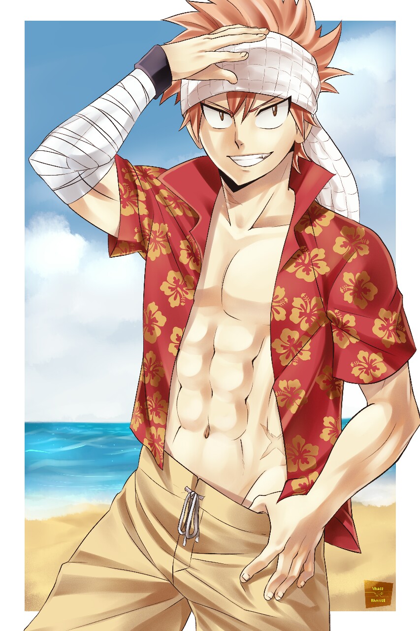 1boy abs beach fairy_tail looking_at_viewer male_focus muscle outdoors smile solo summer tagme teeth undressing