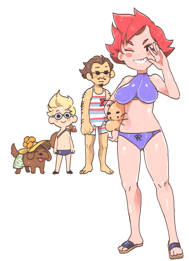 1girl 2boys ;) bag blonde_hair blush boney breasts brown_hair child dog doseisan duster_(mother) facial_hair flower full_body glasses goggles hat inkerton-kun kumatora lucas mother_(game) mother_3 multiple_boys navel pink_hair sandals short_hair simple_background smile sunglasses swimsuit tail tongue tongue_out whiskers white_background