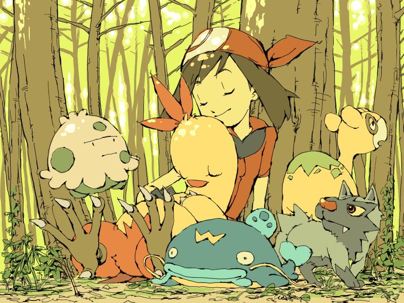 00s 1girl brown_hair closed_eyes combusken forest haruka_(pokemon) mochihada numel outdoors pokemon pokemon_(game) pokemon_rse poochyena shroomish sleeping trees whiscash