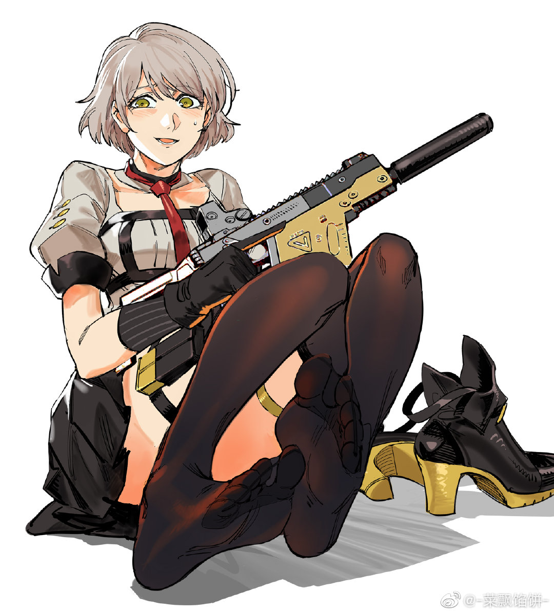 1girl black_skirt chinese_commentary commentary_request feet full_body girls_frontline gloves green_eyes gun high_heels holding holding_gun holding_weapon juliet_sleeves kriss_vector light_brown_hair long_sleeves looking_at_viewer necktie nervous_smile no_shoes open_mouth pleated_skirt puffy_sleeves red_necktie ruukii_drift shoes shoes_removed short_hair short_sleeves simple_background sitting skirt solo submachine_gun sweatdrop thigh-highs trigger_discipline vector_(girls'_frontline) weapon weibo_username white_background