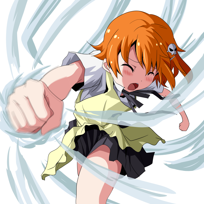 1girl anime_coloring blush clenched_hand closed_eyes hair_ornament hairpin inami_mahiru m_(milk0824) motion_blur motion_lines open_mouth orange_hair pleated_skirt short_hair skirt uniform waitress white_background working!!