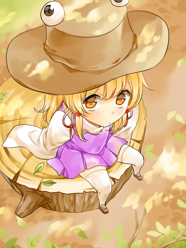 1girl blonde_hair brown_eyes dress foreshortening from_above hat long_hair looking_up misha_(hoongju) moriya_suwako outdoors pyonta shoes sitting solo thigh-highs touhou tree_stump white_legwear