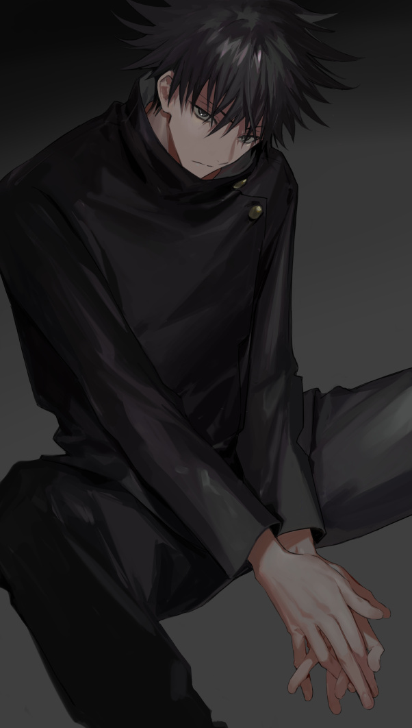 1boy black_background black_hair black_jacket black_pants black_theme border buttons commentary feet_out_of_frame frown fushiguro_megumi gakuran gradient gradient_background grey_background grey_eyes itefu jacket jujutsu_kaisen long_sleeves looking_down male_focus muted_color pants school_uniform shiny shiny_hair sitting solo spiky_hair unamused