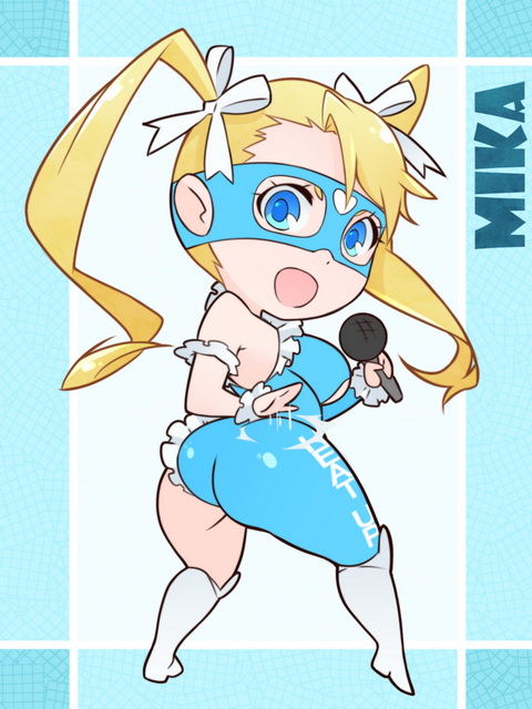 1girl alternate_costume ass blonde_hair blue_eyes boots capcom character_name chibi from_behind hair_ornament hair_ribbon long_hair looking_at_viewer looking_back mask microphone open_mouth rainbow_mika ribbon smile solo standing street_fighter street_fighter_v twintails x-teal2