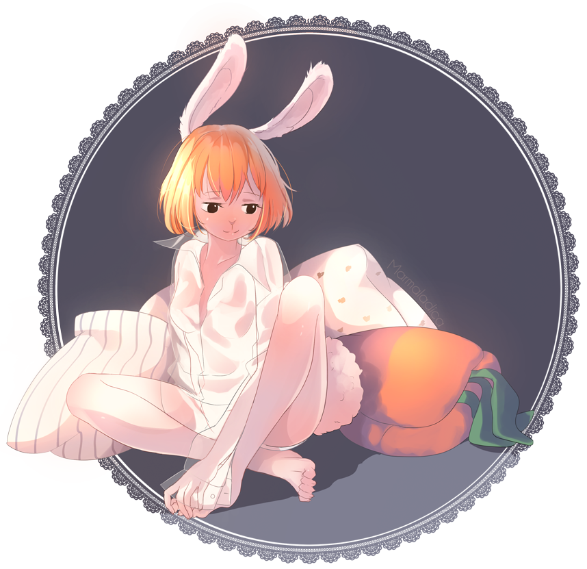 1girl animal_ears barefoot blonde_hair bunny_girl bunny_tail carrot carrot_(one_piece) feet female furry marmalade_(elfless_vanilla) marmaladica one_piece pale_skin panties pillow rabbit_ears short_hair solo tail transparent_background underwear