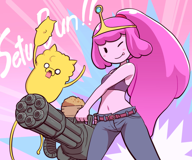 1girl ;p adventure_time cartoon_network dog english gatling_gun gun jake long_hair machine_gun minigun nollety one_eye_closed princess_bonnibel_bubblegum shiny shiny_hair tongue tongue_out weapon