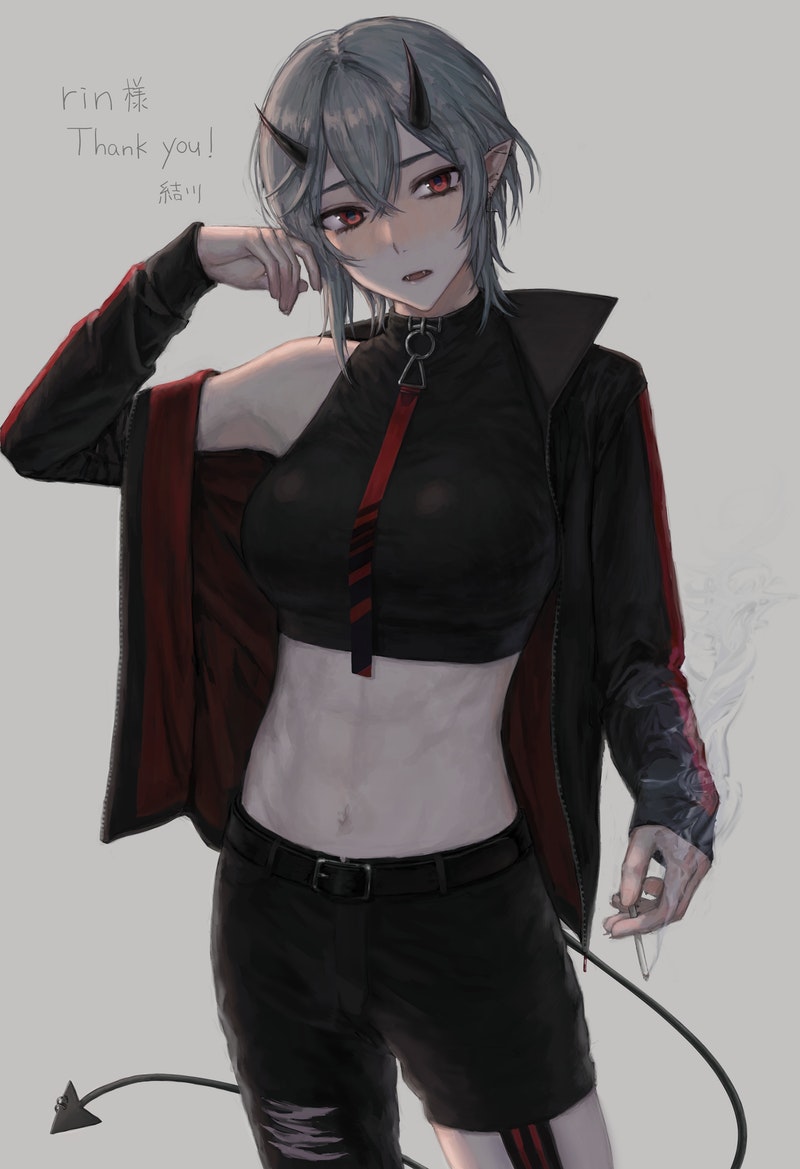 1girl arm_up bangs belt black_coat blush breasts cigarette coat demon_girl demon_tail eyebrows_behind_hair eyebrows_visible_through_hair food grey_hair hair_between_eyes holding holding_cigarette horns looking_at_viewer necktie oni_horns onigiri open_mouth original pants pointy_ears short_hair shorts solo stomach tail torn_clothes torn_pants vest yuikawa_(00hyr)