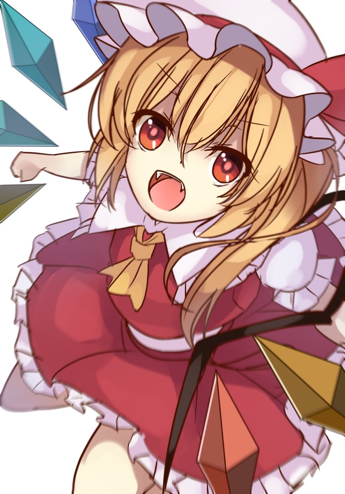 1girl ascot blonde_hair bow crystal fang flandre_scarlet hat hat_bow hat_ribbon janne_cherry mob_cap open_mouth puffy_short_sleeves puffy_sleeves red_eyes ribbon short_sleeves side_ponytail simple_background skirt skirt_set solo touhou white_background wings wrist_cuffs