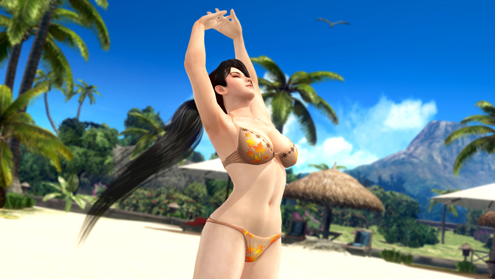 1girl 3d beach bikini black_hair breasts closed_eyes dead_or_alive dead_or_alive_xtreme_3_fortune dead_or_alive_xtreme_beach_volleyball large_breasts momiji_(ninja_gaiden) ninja_gaiden official_art ponytail solo stretch swimsuit tecmo