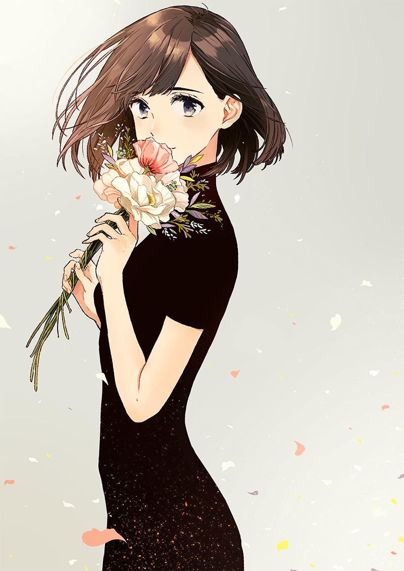 1girl blue_eyes brown_hair dress female flower kurokeisin short_hair smile