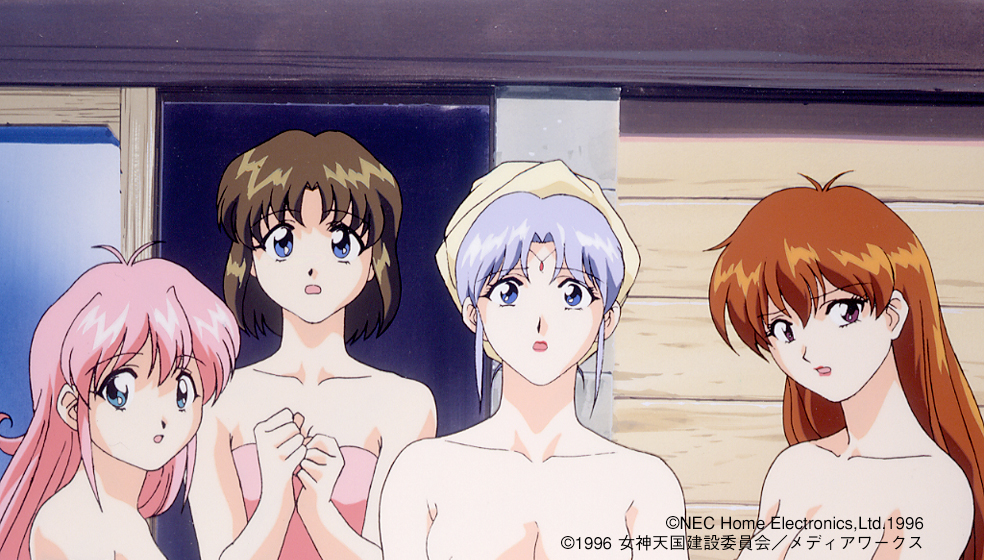 1996 4girls 90s :o blue_eyes breasts brown_hair collarbone copyright copyright_name dated juliana_(megami_paradise) large_breasts lilith_(megami_paradise) long_hair looking_at_viewer medium_breasts megami_paradise multiple_girls naked_towel nec official_art open_mouth out-of-frame_censoring pink_hair red_eyes redhead rurubell short_hair silver_hair stashia towel upper_body