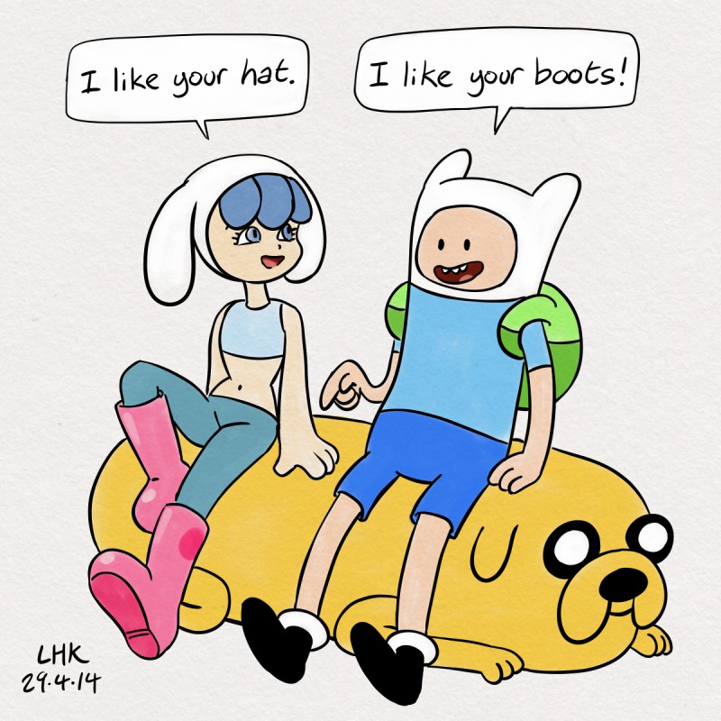 1boy 1girl adventure_time animal_ears artist_name backpack bag blue_eyes blue_hair boots chroniko crop_top crossover dated dog english fake_animal_ears finn finn_the_human flat_color hat jake jake_(adventure_time) jake_the_dog kaiba lhk midriff navel official_style open_mouth pink_boots pointing signature simple_background sitting smile trait_connection