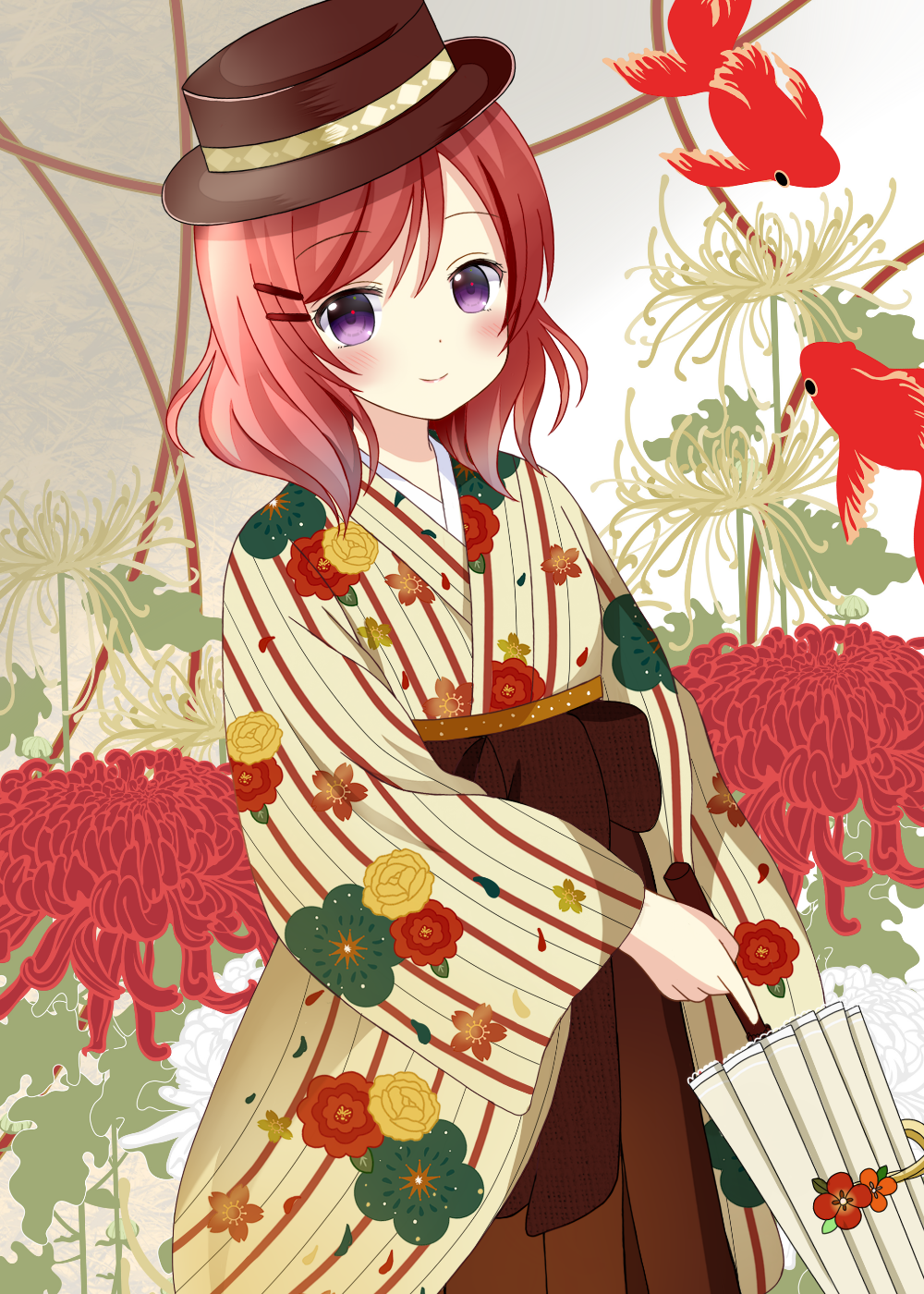 1girl blush female flower hairpins hat japanese_clothes kimono love_live!_school_idol_project nishikino_maki redhead ryoutan short_hair smile umbrella violet_eyes
