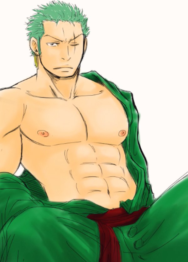 1boy abs bara earrings green_hair male_focus muscle nipples one-eyed one_piece open_clothes open_shirt pecs robe roronoa_zoro sash scar shirt simple_background sitting solo undressing white_background