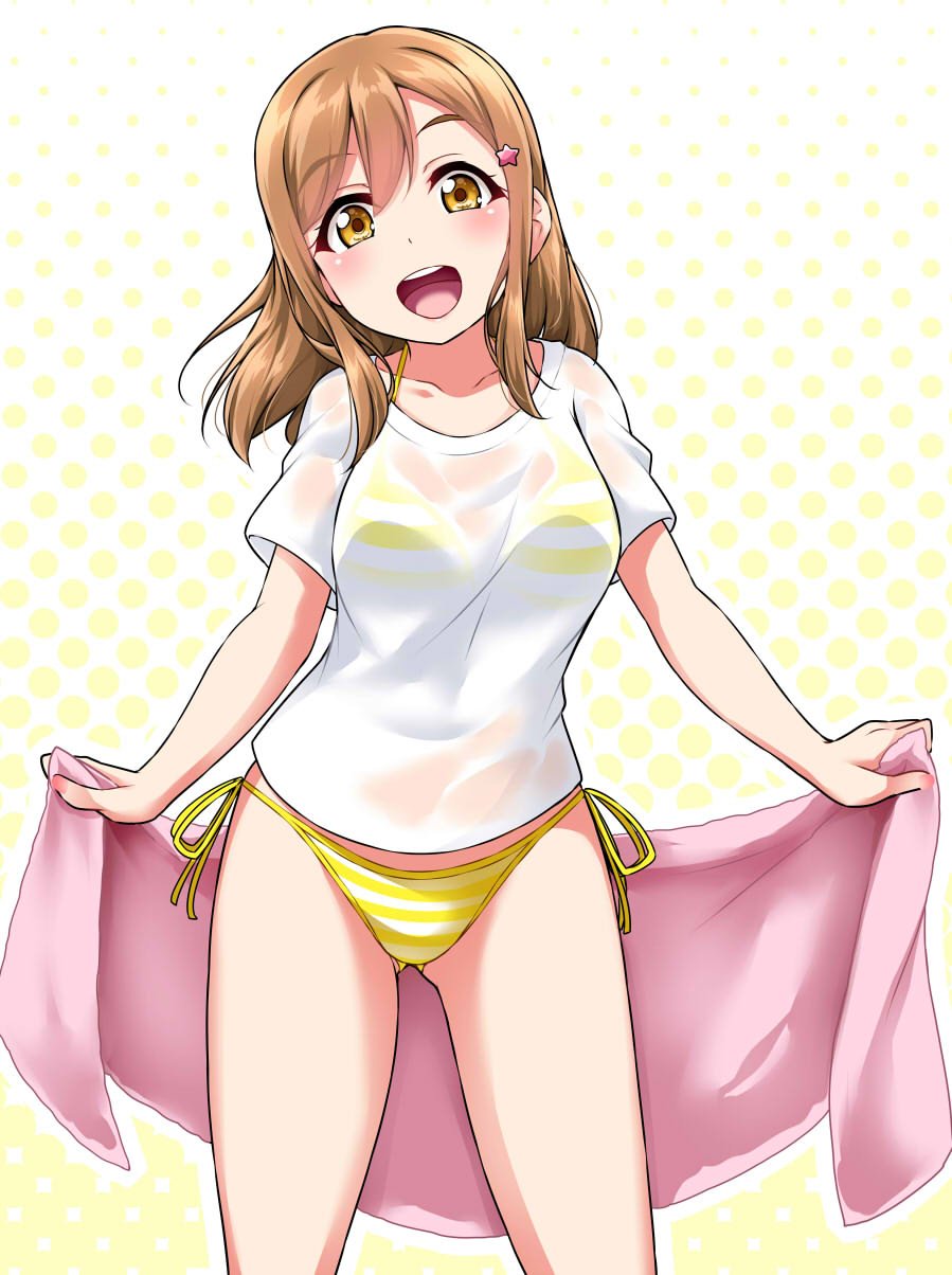 1girl :d bangs bikini bikini_under_clothes blush brown_eyes brown_hair commentary_request eyebrows_visible_through_hair gluteal_fold hair_ornament halftone halftone_background highres holding holding_towel kunikida_hanamaru long_hair looking_at_viewer love_live! love_live!_sunshine!! nail_polish no_pants open_mouth pink_nails round_teeth see-through shirt short_sleeves side-tie_bikini smile solo standing star star_hair_ornament striped striped_bikini swimsuit t-shirt teeth towel upper_teeth white_shirt yellow_bikini yopparai_oni