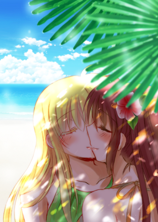 2girls blonde_hair blue_sky blush brown_hair closed_eyes couple fate_testarossa kiss long_hair lyrical_nanoha mahou_shoujo_lyrical_nanoha mahou_shoujo_lyrical_nanoha_strikers multiple_girls nanashiki sea takamachi_nanoha water yuri