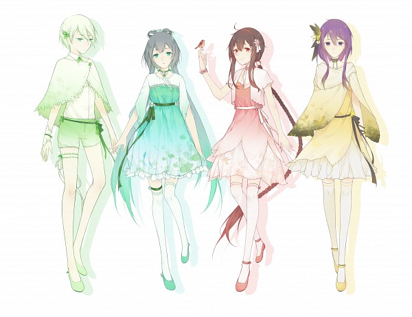 4girls alternate_costume alternate_hairstyle animal_on_hand aqua_eyes artist_request asymmetrical_armwear background bare_knees bare_legs bird bird_on_hand black_ribbon braid braids brown_hair butterfly_hair_ornament cape choker closed_mouth collar color dress fashion female frills frilly_dress full_body grey_hair green_ribbon green_shorts hair_ornament hair_rings legband long_hair luo_tianyi mo_qingxian multiple_girls open_clothes open_mouth purple_hair quartet red_eyes ribbon ribbon_choker rings shadow shawl shirt short_hair short_sleeves shorts single_braid smile soft_colors standing thigh-highs twintails violet_eyes vocaloid white white_hair white_ribbon yanhe yuezheng_ling zettai_ryouiki