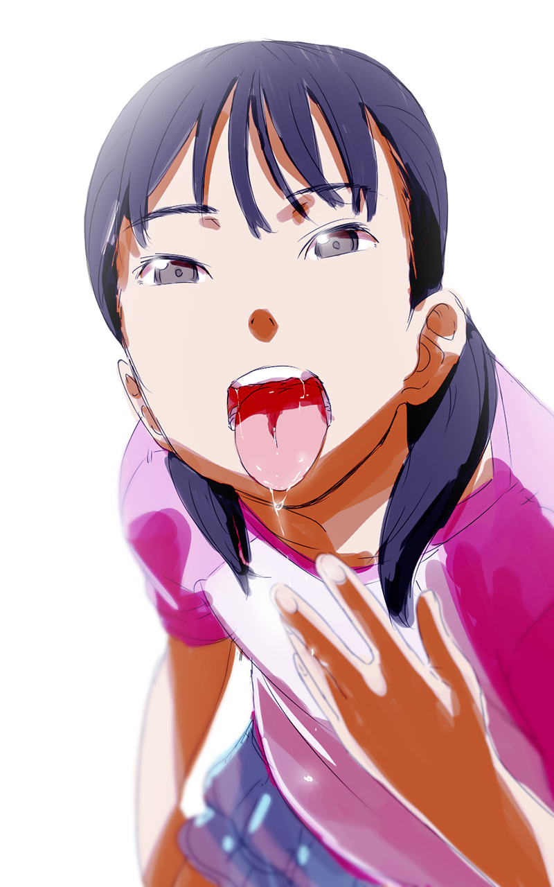 1girl black_hair drooling female mouth open_mouth saliva saliva_trail satsuyo simple_background skirt solo tongue tongue_out twintails white_background