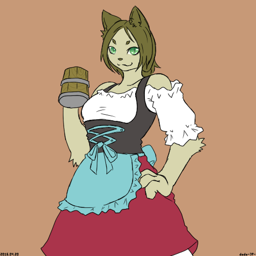 1girl artist_request beer brown_hair cat female flat_color furry green_eyes short_hair simple_background skirt solo