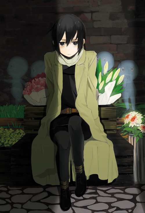 00s 1girl androgynous artist_request belt belts black_eyes black_hair boxes crates flower kino kino_no_tabi long_coat scarf short_hair sitting solo straps tagme