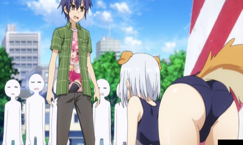 1boy 1girl all_fours ass blue_hair brown_eyes building clouds cosplay date_a_live day dog_ears dog_tail extra_ears fake_animal_ears fake_tail itsuka_shidou one-piece_swimsuit onlookers outdoors public school_swimsuit screencap short_hair silver_hair sky stitched swimsuit tobiichi_origami tree