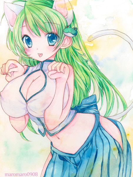 1girl adapted_costume alternate_costume animal_ears artist_name bent_over blue_eyes blush breasts cat_ears cat_tail cleavage_cutout erect_nipples frog_hair_ornament green_hair hair_ornament kemonomimi_mode kochiya_sanae large_breasts long_hair looking_at_viewer maromaro0908 midriff navel open_mouth paw_pose ribbon see-through shirt skirt sleeveless smile snake_hair_ornament solo tail touhou traditional_media turtleneck watercolor_(medium)
