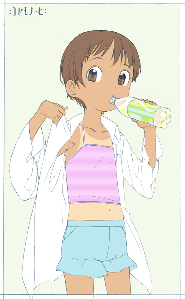 1girl brown_hair camisole child dark_skin drinking female midriff navel open_clothes open_shirt satsuyo shirt short_hair simple_background soda solo tanline white_background