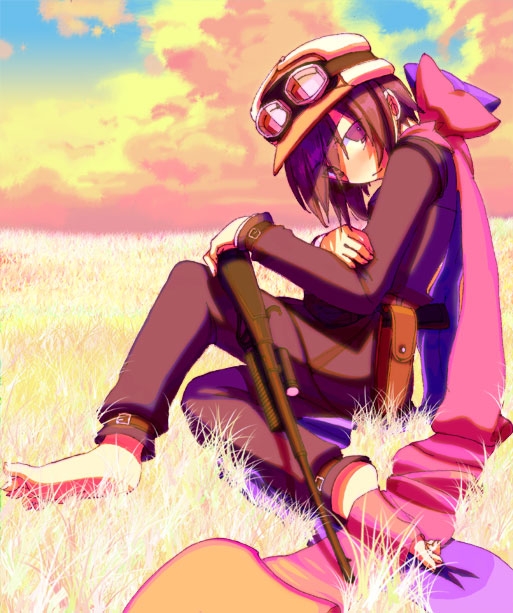 00s 1girl androgynous barefoot belts black_eyes black_hair bow brimmed_hat clouds field goggles grass gun hat kino kino_no_tabi looking_at_viewer ribbon short_hair shouyu_senbei sky sniper solo tagme weapon