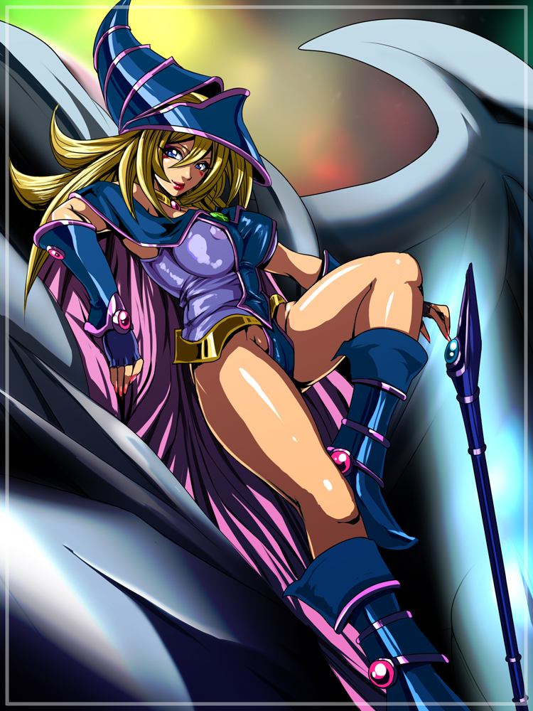 1girl blonde_hair blue-eyes_white_dragon blue_boots blush boots breasts dark_magician_girl dragon duel_monster female green_eyes hat large_breasts long_hair looking_at_viewer magical_girl nipples shiny shiny_skin skirt smile solo wizard_hat yu-gi-oh!