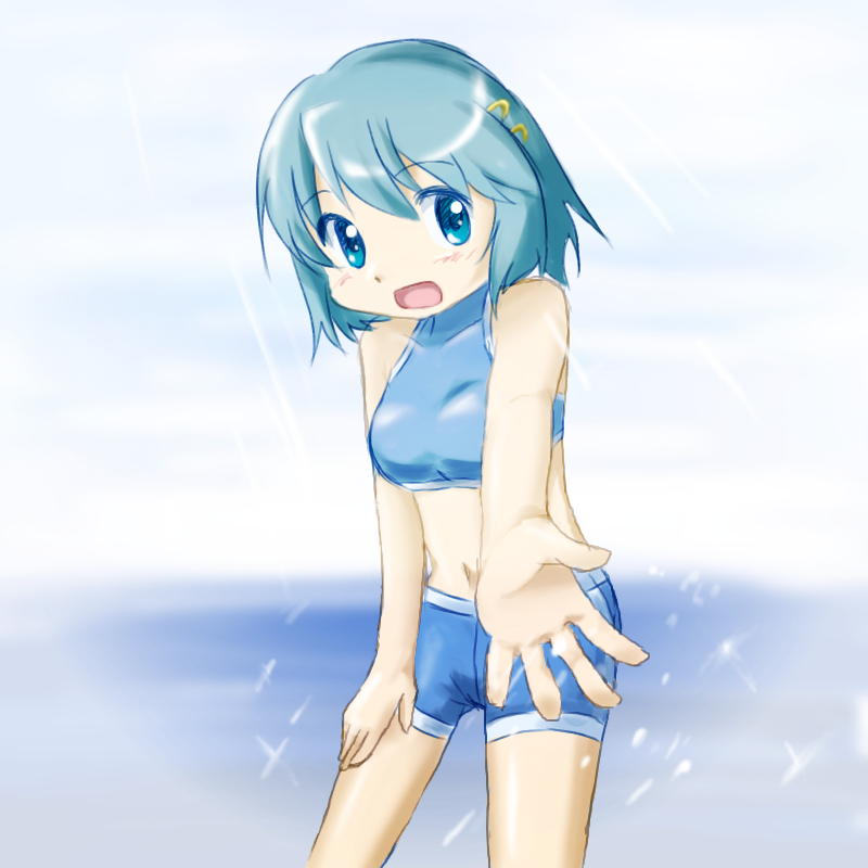 1girl bikini bikini_shorts blue_bikini blue_eyes blue_hair blue_swimsuit halterneck lens_flare mahou_shoujo_madoka_magica miki_sayaka navel outstretched_arm outstretched_hand sky sports_bikini swimsuit water