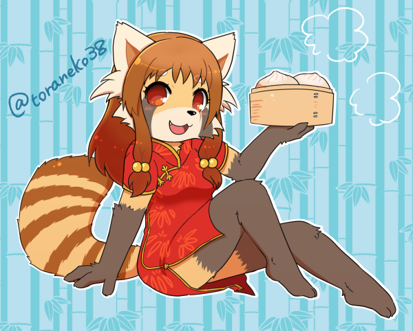 1girl brown_eyes chinese_clothes dress female full_body furry open_mouth red_eyes red_panda solo toraneko_(38)