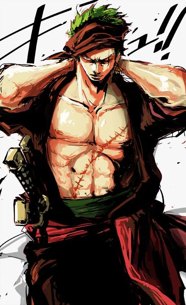1boy earring frown green_hair head_scarf male_focus muscle one-eyed one_piece open_clothes open_shirt roronoa_zoro sash scabbard scar sheath shirt simple_background solo