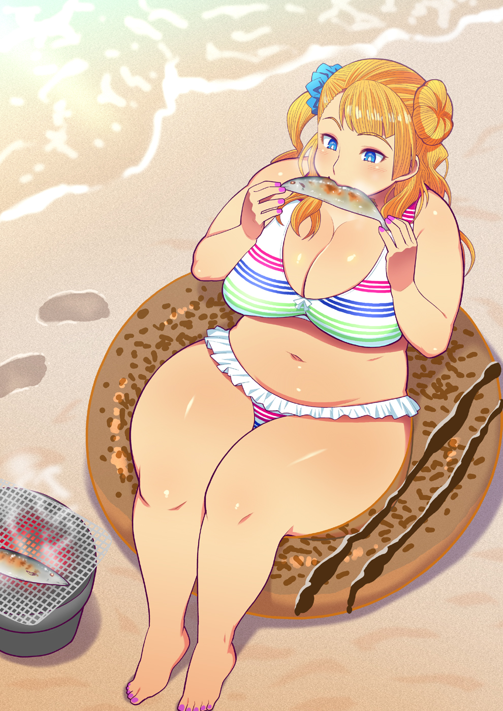 1girl bare_arms bare_legs bare_shoulders barefoot beach belly bikini blonde_hair blue_eyes blush breasts cleavage cooking eating fat feet fish food gyaru-ko holding huge_breasts innertube legs long_hair nail_polish navel ocean oshiete!_gyaru-ko-chan pink_nails plump sand side_bun side_ponytail sitting solo swimsuit tetrodotoxin thick_thighs thighs toes water wide_hips