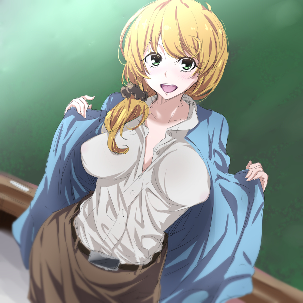 1girl bad_anatomy blonde_hair blush breasts breasts_apart ellen_baker erect_nipples green_eyes hair_ornament hair_scrunchie large_breasts long_hair looking_at_viewer nakahira_guy new_horizon open_clothes open_mouth ponytail scrunchie sketch smile solo