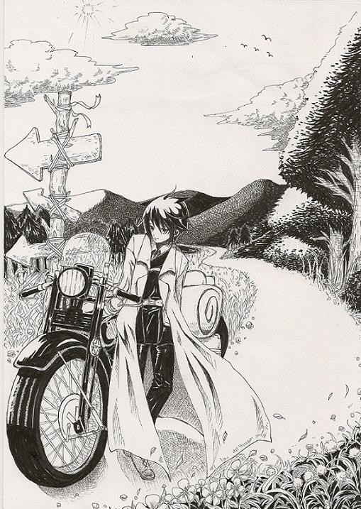 00s 1girl androgynous animals artist_request birds black_hair clouds flower grass ground_vehicle hermes kino kino_no_tabi long_coat monochrome motor_vehicle motorcycle road road_signs short_hair sky sleeping_bag solo sun tagme trees vehicle