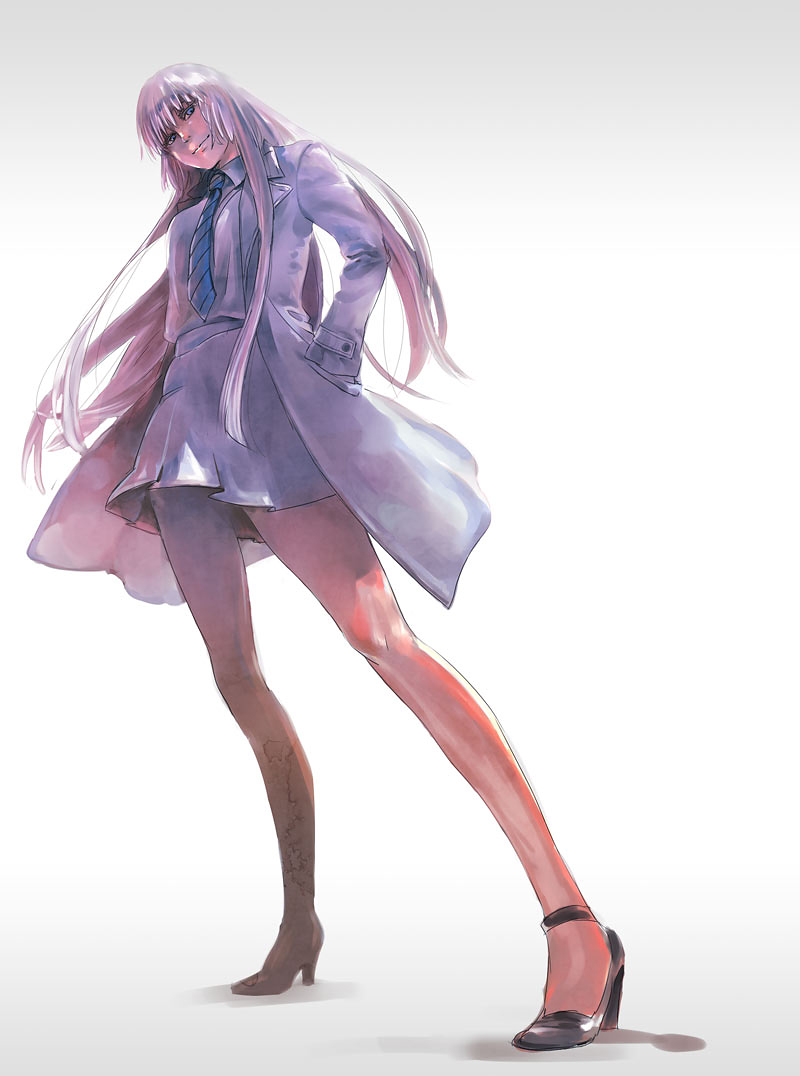 1girl bare_legs blue_eyes high_heels jacket jormungand koko_hekmatyar legs long_hair necktie smile solo standing suit white_background white_hair