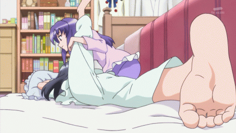 2girls animated animated_gif barefoot bed black_hair feet foreshortening from_behind hikawa_iona hikawa_maria indoors leg_grab looking_at_another lying multiple_girls on_stomach pajamas perspective pillow pov_feet precure purple_hair soles stretch toes