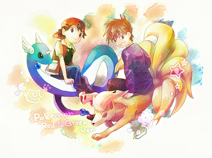 2boys 90s baseball_cap black_hair brown_hair copyright_name dragonair hat multiple_boys ninetales ookido_green pokemon pokemon_(game) pokemon_rgby red_(pokemon) san_(tinami)