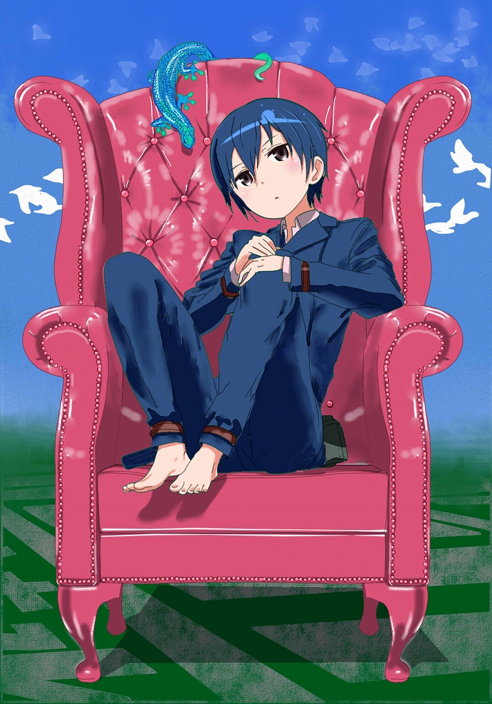 00s 1girl androgynous animals artist_request barefoot birds black_eyes black_hair chair feet kino kino_no_tabi lizard looking_at_viewer official_art pouch_bag short_hair sitting_down solo tagme