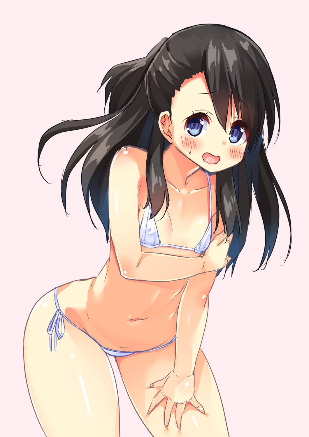 1girl asa_no_ha bikini black_hair blush breasts brown_eyes erect_nipples highres leaning_forward long_hair looking_at_viewer micro_bikini open_mouth small_breasts smile solo standing swimsuit thick_thighs thighs wide_hips