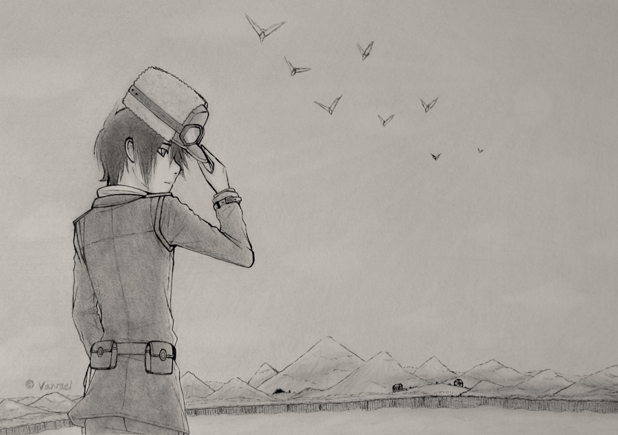 00s 1girl androgynous artist_request birds goggles hat kino kino_no_tabi monochrome mountains short_hair sketch solo tagme