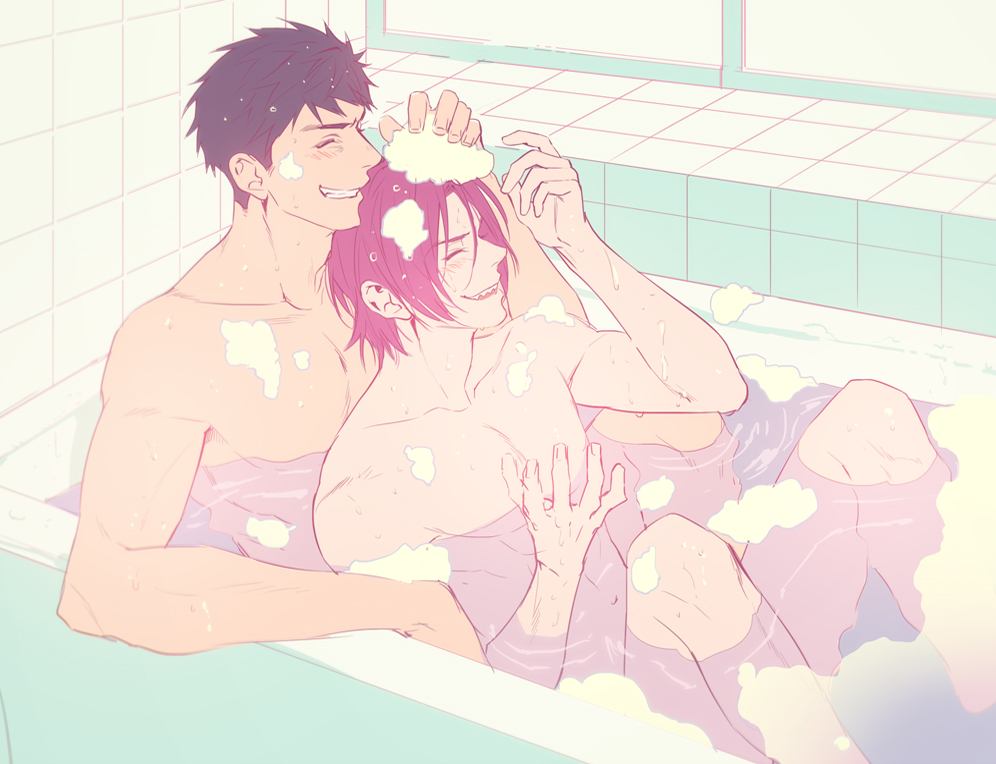 2boys abs bath bathroom blush free! male_focus matsuoka_rin multiple_boys muscle nude ookiidesunone pecs shared_bathing size_difference smile soap water yamazaki_sousuke yaoi